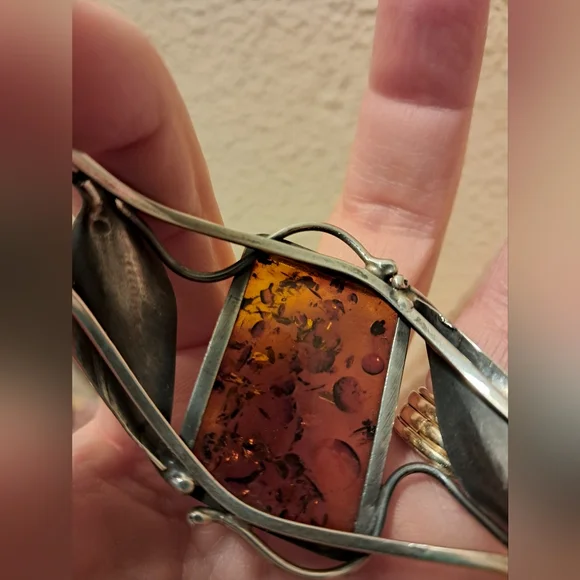Vintage Sterling Silver Natural Amber Artisan Cuff with Leaf Motif
